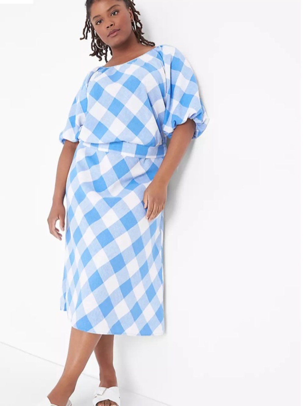 Lane Bryant Blue and White Gingham Balloon Sleeve Crop Top
